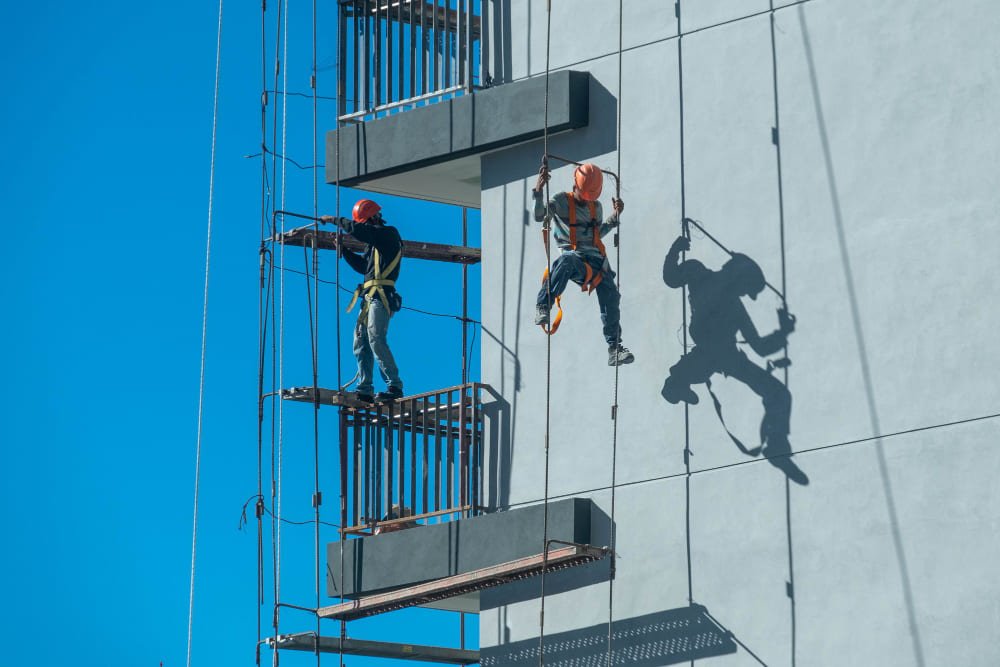 Trabajadores en fachada edificio con trabajos verticales.